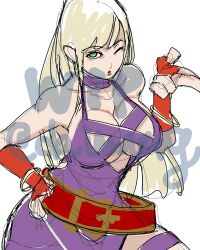 Rule 34 | 1girl, bare shoulders, blonde hair, blowing kiss, breasts, cleavage, dress, fatal fury, flower tattoo, garou: mark of the wolves, gloves, green eyes, hand on own hip, highres, jenet behrn, large breasts, long hair, looking at viewer, one eye closed, puckered lips, sideboob, sleeveless, sleeveless dress, snk, solo, tattoo, the king of fighters, watermark, wink
