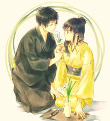 Rule 34 | 1boy, 1girl, black hair, black kimono, blue eyes, blue hair, chrome dokuro, clippers, closed mouth, commentary request, eyepatch, flower, half updo, hand on another&#039;s leg, hetero, hibari kyouya, highres, holding hands, japanese clothes, katekyo hitman reborn!, kimono, kpastelblue, long hair, long sleeves, looking at another, sitting, smile, tray, vase, white flower, yellow kimono