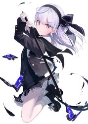 Rule 34 | 1girl, absurdres, bug, butterfly, closed mouth, feathers, frilled socks, frills, full body, gloves, grey hair, highres, insect, jacket, looking at viewer, mikisai, original, pink eyes, shoes, simple background, skirt, socks, solo, sword, weapon, white background, white socks