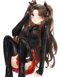 Rule 34 | 1girl, absurdres, artist name, ass, black footwear, black gloves, black ribbon, black thighhighs, blue eyes, blush, boots, breasts, brown hair, commentary, corset, cross print, fate/extra, fate/extra record, fate (series), feet out of frame, fingerless gloves, gloves, hair ribbon, hand in own hair, hand up, highres, kanniiepan, knees up, long hair, long sleeves, looking at viewer, official alternate costume, parted bangs, parted lips, pleated skirt, red skirt, ribbon, simple background, skirt, solo, thigh boots, thigh strap, thighhighs, tohsaka rin, two side up, very long hair, watermark, white background