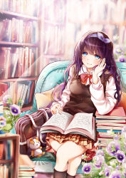 Rule 34 | 1girl, arms up, bad id, bad pixiv id, bag, bag charm, blurry, blurry background, blush, book, book stack, bookshelf, bow, bowtie, brown skirt, brown socks, charm (object), closed mouth, collared shirt, commentary request, crossed legs, day, depth of field, flower, hair ribbon, hairband, highres, indoors, kneehighs, long hair, long sleeves, mutang, open book, original, pansy, pillow, plaid, plaid skirt, pleated skirt, purple flower, purple hairband, purple pansy, purple ribbon, red bow, red bowtie, ribbon, school bag, school uniform, shirt, skirt, smile, socks, solo, sunlight, sweater vest, very long hair, white shirt