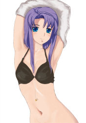 Rule 34 | 1girl, armpits, arms up, black bra, blue eyes, bra, cecile croomy, code geass, female focus, gyo (independant), lingerie, long hair, midriff, purple hair, simple background, solo, underwear, white background