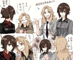 Rule 34 | 2girls, bad id, bad twitter id, black shirt, blonde hair, blue eyes, breasts, brown eyes, brown hair, can, cellphone, closed mouth, collar, commentary request, crying, dog tags, drink, drink can, eyebrows, girls und panzer, jacket, kay (girls und panzer), kuromorimine military uniform, kuromorimine school uniform, long hair, multiple girls, necktie, nishizumi maho, open mouth, phone, saunders military uniform, saunders school uniform, school uniform, shaded face, shirt, short hair, simple background, smartphone, soda, soda can, sweatdrop, tears, teeth, translation request, white background, yuuyu (777)