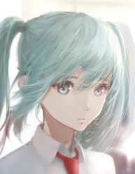 Rule 34 | 1girl, aqua hair, blurry, blurry background, commentary, expressionless, grey eyes, hair between eyes, hatsune miku, highres, long hair, looking at viewer, necktie, ojay tkym, portrait, red necktie, shirt, sidelighting, solo, twintails, vocaloid, white shirt
