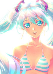 Rule 34 | 1girl, :d, backlighting, bikini, blue eyes, blue hair, breasts, cleavage, collarbone, floating hair, hair between eyes, hatsune miku, long hair, looking at viewer, open mouth, small breasts, smile, solo, striped bikini, striped bikini top, striped clothes, swimsuit, tan, upper body, very long hair, vocaloid, white background, you haruka