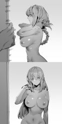 Rule 34 | 1girl, absurdres, braid, braided ponytail, breasts, collarbone, fate/grand order, fate (series), florence nightingale (fate), folded ponytail, greyscale, highres, hxd, large breasts, long hair, monochrome, narrow waist, navel, nipples, nude, solo focus