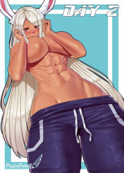 Rule 34 | 1girl, abs, animal ears, artist logo, artist name, blue shorts, blush, boku no hero academia, breasts, covering privates, covering breasts, dark-skinned female, dark skin, from below, hands up, highres, huge breasts, long hair, looking at viewer, mirko, muscular, muscular female, navel, obliques, parted bangs, pashapencil, rabbit ears, rabbit girl, red eyes, shorts, smile, solo, stomach, topless, very long hair, white hair