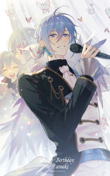 Rule 34 | 1boy, absurdres, bishounen, blue eyes, blue hair, blush, bug, butterfly, diffraction spikes, doran (doran7280), earrings, formal, fur, happy birthday, highres, holding, holding microphone, idolish7, insect, jacket, jewelry, lens flare, long sleeves, looking at viewer, looking down, low ponytail, male focus, microphone, military jacket, see-through, semi-transparent, smile, solo, sparkle, suit, yotsuba tamaki
