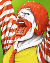 Rule 34 | 1boy, afro, arms up, arrancar, bleach, cosplay, hisakichi, lips, male focus, mcdonald&#039;s, necktie, number tattoo, open mouth, ronald mcdonald, solo, striped, tattoo, what, zommari rureaux