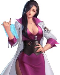 Rule 34 | 1girl, belt, black hair, breasts, cleavage, clipboard, corset, dna, dress, earrings, eisuke ogura, eyeshadow, glasses removed, hair over one eye, id card, jewelry, lab coat, leah (the king of fighters all-stars), long hair, makeup, nail polish, official art, open collar, pantyhose, snk, solo, the king of fighters all-stars, wristband, yellow eyes