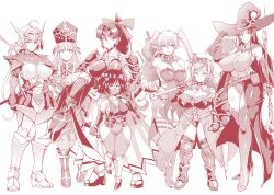 Rule 34 | 6+girls, adjusting clothes, adjusting headwear, armor, armored boots, armored dress, armpits, arrow (projectile), black hair, boots, bow (weapon), breasts, bridal gauntlets, capelet, carrying over shoulder, cleavage, closed mouth, covered erect nipples, elf, eyebrows hidden by hair, face mask, fan no hitori, feet, female focus, full body, gloves, hair between eyes, hakama, happy, hat, height difference, helmet, high ponytail, highres, holding, holding sword, holding weapon, huge breasts, japanese clothes, kunai, large breasts, legs, leotard, long hair, looking at viewer, mask, medium breasts, monochrome, multiple girls, original, panties, pelvic curtain, pointy ears, serious, sheath, short hair, smile, staff, standing, sword, thigh boots, thighs, twintails, underwear, weapon, white hair, witch hat