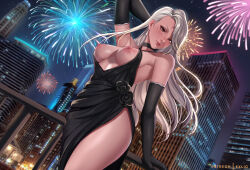 Rule 34 | 1girl, arm up, black dress, black gloves, breasts, city, dangle earrings, dress, dutch angle, earrings, elbow gloves, exlic, fireworks, gloves, jewelry, long hair, looking at viewer, medium breasts, night, niijima sae, nipples, outdoors, patreon username, persona, persona 5, railing, solo, white hair