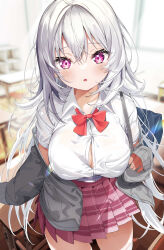 Rule 34 | 1girl, absurdres, bag, blurry, blurry background, bow, breasts, cardigan, chair, collared shirt, commentary request, depth of field, desk, dress shirt, grey cardigan, grey hair, hair between eyes, highres, indoors, kamioka shun&#039;ya, large breasts, long hair, long sleeves, looking at viewer, open cardigan, open clothes, original, parted lips, pink skirt, pleated skirt, purple eyes, red bow, school bag, school chair, school desk, school uniform, shiori (kamioka shun&#039;ya), shirt, short sleeves, skirt, sleeves past wrists, solo, very long hair, white shirt