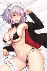 Rule 34 | 1girl, ahoge, artoria pendragon (alter swimsuit rider) (second ascension) (fate), bare shoulders, bikini, black bikini, black bow, black panties, blush, bow, bowtie, breasts, cleavage, fate/grand order, fate (series), grey hair, hair between eyes, jacket, jeanne d&#039;arc (fate), jeanne d&#039;arc alter (avenger) (fate), jeanne d&#039;arc alter (fate), large breasts, looking at viewer, lying, maid, maid bikini, maid cap, navel, neck, on back, on bed, open clothes, open mouth, panties, panty pull, pulled by self, short hair, solo, string bikini, string panties, swimsuit, thigh strap, unconventional maid, underwear, yamoge, yellow eyes