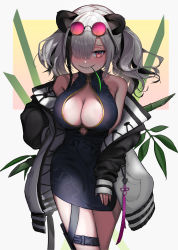 Rule 34 | 1girl, absurdres, animal ears, arknights, bamboo shoot, black dress, breasts, china dress, chinese clothes, cleavage cutout, clothing cutout, coat, dress, eyewear on head, feater (arknights), gold trim, grin, guunhanchi, hair over one eye, highres, jacket, large breasts, leg belt, looking at viewer, multicolored clothes, multicolored coat, multicolored hair, multicolored jacket, panda ears, purple-tinted eyewear, round eyewear, short dress, smile, solo, streaked hair, sunglasses, sunglasses on head, tinted eyewear, two-tone coat, two-tone jacket