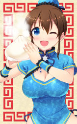 Rule 34 | 10s, 1girl, :d, ;d, baozi, blue eyes, blush, breasts, brown hair, bun cover, cleavage, cleavage cutout, clothing cutout, food, idolmaster, idolmaster million live!, large breasts, looking at viewer, one eye closed, open mouth, satake minako, smile, totokichi