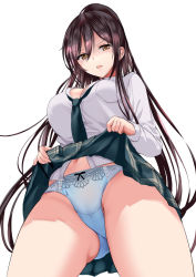 Rule 34 | 1girl, black hair, blue panties, bow, bow panties, breasts, brown eyes, buttons, clothes lift, collared shirt, cowboy shot, dress shirt, from below, gluteal fold, green necktie, green skirt, hair between eyes, high ponytail, highres, idolmaster, idolmaster shiny colors, lace, lace-trimmed panties, lace trim, large breasts, lifted by self, long hair, long sleeves, looking at viewer, looking down, navel, necktie, open mouth, panties, plaid, plaid skirt, pleated skirt, ponytail, ponytail korosuke, revision, ribbon-trimmed panties, school uniform, shirase sakuya, shirt, simple background, skirt, skirt lift, solo, thighs, underwear, white background, white shirt
