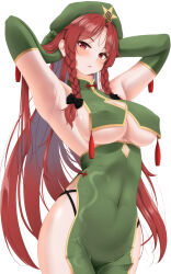 Rule 34 | 1girl, armpits, arms behind head, beret, blush, braid, breasts, covered erect nipples, covered navel, dress, green dress, green hat, hand in own hair, hands in hair, hat, hat ornament, hong meiling, indica, large breasts, long hair, looking at viewer, red eyes, red hair, solo, star (symbol), star hat ornament, touhou, underboob, very long hair, white background
