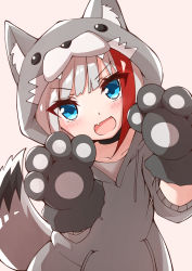 Rule 34 | 1girl, absurdres, admiral graf spee (azur lane), animal costume, animal ear fluff, animal ears, animal hands, animal hood, azur lane, black choker, blue eyes, choker, collarbone, highres, hood, looking at viewer, multicolored hair, open mouth, ryou (ryo 217cafe), short hair, silver hair, simple background, smile, solo, streaked hair, tail