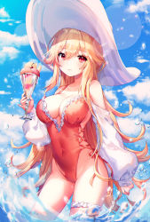 Rule 34 | 1girl, absurdres, azur lane, backless swimsuit, bad id, bad pixiv id, bare shoulders, blonde hair, blue sky, blush, breasts, cleavage, closed mouth, cloud, covered navel, cup, day, frilled swimsuit, frills, hair ornament, hat, highleg, highleg swimsuit, highres, holding, holding cup, in water, large breasts, long hair, looking at viewer, nail polish, one-piece swimsuit, outdoors, parfait, red eyes, red one-piece swimsuit, richelieu (azur lane), richelieu (fleuron of the waves) (azur lane), scrunchie, shiro albino, side-tie swimsuit, sky, solo, sun hat, swimsuit, thighs, wading, water drop, white hat, white scrunchie