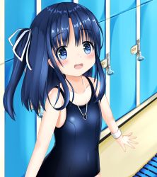 Rule 34 | 1girl, black hair, blue eyes, blue one-piece swimsuit, blush, covered navel, highres, indoors, locker, locker room, long hair, one-piece swimsuit, open mouth, original, resolution mismatch, ribbon, school swimsuit, side ponytail, solo, source smaller, swimsuit, upper body, wristband