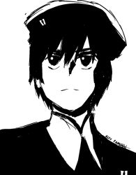 Rule 34 | 10s, 1boy, alex ramlethl, darling in the franxx, greyscale, hat, highres, hiro (darling in the franxx), looking at viewer, male focus, military, military uniform, monochrome, necktie, peaked cap, short hair, signature, solo, uniform