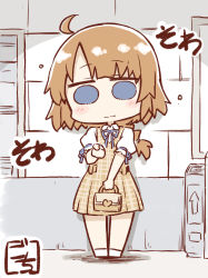 Rule 34 | 1girl, ahoge, artist name, assault lily, bag, belt, black belt, blue eyes, blue ribbon, blush, braid, braided ponytail, brown dress, chibi, closed mouth, collared shirt, commentary request, dress, fare gate, flying sweatdrops, futagawa fumi, gochisousama (tanin050), hand up, handbag, heart, heart print, highres, holding, holding bag, indoors, looking at viewer, low ponytail, neck ribbon, orange hair, pinafore dress, plaid, plaid dress, print bag, puffy short sleeves, puffy sleeves, ribbon, shadow, shirt, shoes, short sleeves, single braid, sleeve ribbon, sleeveless dress, solid circle eyes, solo, standing, train station, wavy mouth, white footwear, white shirt