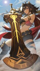 Rule 34 | 1girl, absurdres, backlighting, bare shoulders, blue eyes, blue sky, boots, brown hair, cape, cloud, commission, dehya (genshin impact), distr, foreshortening, genshin impact, hair intakes, highres, holding, holding sword, holding weapon, looking at viewer, midriff, red cape, shorts, sky, smile, sun, sword, tan, thigh strap, torn clothes, weapon, wind