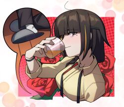 Rule 34 | alcohol, braid, brown eyes, brown hair, cup, drinking, emile aoi, eyepatch, flower, girls&#039; frontline, highres, long hair, m16a1 (girls&#039; frontline), mole, mole under eye, multicolored hair, necktie, red flower, red rose, rose, shirt, slippers, socks, solo, watch, white socks, wine, yellow shirt