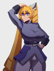 Rule 34 | 1girl, belt, blonde hair, blue jacket, breasts, commentary, cosmikaizer, cosplay, drill hair, english commentary, frown, grey background, grey belt, grey pants, grey ribbon, gundam, gundam seed, hair behind ear, hair between eyes, hair ribbon, hand on own head, hand on own hip, highres, jacket, kira yamato, kira yamato (cosplay), lana branford (cosmikaizer), large breasts, looking to the side, original, pants, purple eyes, ribbon, simple background, solo, twin drills, twintails, uneven twintails