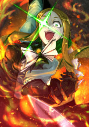Rule 34 | 10s, 1girl, arm up, black lips, bow, broken, broken sword, broken weapon, brown hair, colored inner hair, cracked skin, crazy eyes, doll joints, dress, fire, fire, gloves, glowing, glowing eye, green eyes, green hair, grin, hatori you, highres, joints, lens flare, lipstick, long hair, makeup, matching hair/eyes, multicolored hair, open mouth, phara suyuf, senki zesshou symphogear, smile, solo, sword, teeth, two-tone hair, upper body, weapon