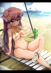 Rule 34 | 1girl, absurdres, arm support, bare legs, beach, bendy straw, bikini, blurry, breasts, chair, cleavage, collarbone, day, depth of field, drink, drinking straw, flanvia, food, front-tie bikini top, front-tie top, hat, highres, ice cream, leg up, long hair, looking at viewer, lounge chair, medium breasts, micro bikini, mouth hold, navel, outdoors, patchouli knowledge, purple eyes, purple hair, sandals, shoe soles, side-tie bikini bottom, skindentation, solo, strap gap, sunlight, swimsuit, touhou, untied bikini, very long hair