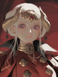 Rule 34 | 1girl, artist name, bellhenge, black cape, breasts, buttons, cape, closed mouth, collared cape, commentary, diadem, double bun, edelgard von hresvelg, english commentary, eyelashes, fire emblem, fire emblem: three houses, frown, gold choker, hair bun, high collar, horns, large breasts, looking at viewer, nintendo, pink lips, purple eyes, red background, red cape, red shirt, shirt, short hair with long locks, solo, striped choker, two-sided cape, two-sided fabric, upper body, white hair, yellow horns