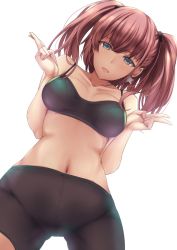 Rule 34 | 1girl, alternate costume, atlanta (kancolle), bike shorts, breasts, brown hair, double v, earrings, grey eyes, hair ornament, highres, jewelry, kantai collection, kuurunaitsu, large breasts, long hair, looking at viewer, looking down, navel, open mouth, shorts, simple background, solo, sports bra, star (symbol), star earrings, stomach, two side up, v, white background