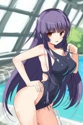 Rule 34 | 1girl, blunt bangs, blush, breasts, brown eyes, competition swimsuit, female focus, girlfriend (kari), hand on own hip, highleg, highleg swimsuit, highres, kagurazaka saya, large breasts, long hair, looking at viewer, one-piece swimsuit, open mouth, purple hair, rei no pool, smile, solo, swimsuit, yamacchi