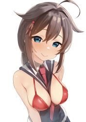 Rule 34 | 1girl, ahoge, bikini, blue eyes, blush, braid, breasts, brown hair, cleavage, closed mouth, hair between eyes, highres, kantai collection, large breasts, long hair, looking at viewer, necktie, red bikini, red necktie, sakieko, shigure (kancolle), shigure kai san (kancolle), simple background, single braid, smile, solo, swimsuit, upper body, white background