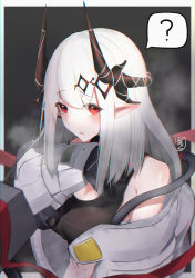 Rule 34 | 1girl, arknights, bare shoulders, black background, black gloves, border, botamochi (yrss5877), breasts, cleavage, earrings, gloves, hair ornament, hammer, horns, jewelry, large breasts, long hair, long sleeves, looking at viewer, material growth, mudrock (arknights), navel, off shoulder, oripathy lesion (arknights), outside border, parted lips, pointy ears, red eyes, sidelocks, signature, silver hair, simple background, solo, sports bra, steaming body, very long hair, weapon, white border, wiping sweat