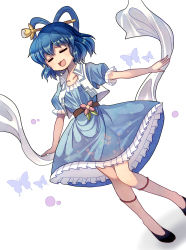 Rule 34 | 1girl, :3, :d, = =, bad id, bad pixiv id, belt, black belt, black footwear, blue dress, blue hair, blush, bug, butterfly, dress, dutch angle, feet out of frame, flats, flower, hair ornament, hair rings, hair stick, highres, insect, kaku seiga, open mouth, petticoat, pink flower, puffy short sleeves, puffy sleeves, sameya, shadow, shawl, shoes, short hair, short sleeves, simple background, smile, solo, standing, touhou, vest, white background, white butterfly, white vest, wing collar