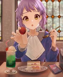 Rule 34 | 1girl, absurdres, blue shirt, cafe, cake, cake slice, cellphone, checkered clothes, checkered shirt, cherry, collar, commentary, cup, drink, drinking glass, drinking straw, food, fork, fruit, hands up, highres, holding, holding food, holding fork, idolmaster, idolmaster million live!, indoors, long sleeves, looking at viewer, makabe mizuki, napkin, napkin holder, open mouth, phone, plate, pov, purple hair, shirt, short hair, sidelocks, smartphone, solo, strawberry, table, tanupon, upper body, wavy hair, white collar, window, yellow eyes
