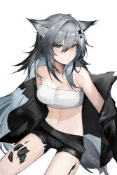 Rule 34 | 1girl, absurdres, ahoge, animal ear fluff, animal ears, arknights, bandeau, bare shoulders, belt, black belt, black jacket, black shorts, blue eyes, blue hair, breasts, cleavage, closed mouth, clothes down, colored inner hair, commentary, cowboy shot, crop top, from above, grey hair, grey tail, hair between eyes, hair flowing over, hair intakes, hair ornament, hairclip, highres, invisible floor, jacket, jacket partially removed, lappland (arknights), light blue hair, light smile, long bangs, long hair, long sleeves, looking at viewer, looking to the side, looking up, medium breasts, messy hair, midriff, multicolored hair, navel, open clothes, open jacket, revision, s 4ik4, scar, scar across eye, scar on face, shadow, short shorts, shorts, simple background, sitting, sleeves past fingers, sleeves past wrists, solo, stomach, strapless, tail, thighs, torn clothes, torn jacket, torn shorts, tube top, turning head, two-tone hair, very long hair, white background, white bandeau, wolf ears, wolf girl, wolf tail