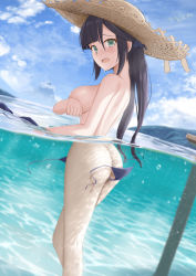 Rule 34 | 1girl, alternate breast size, ass, bikini, black bikini, black hair, breasts, brown hat, butt crack, covering breasts, covering privates, day, from side, genshin impact, green eyes, hat, highres, joko jmc, long hair, looking at viewer, medium breasts, mona (genshin impact), nude, open mouth, outdoors, partially submerged, partially underwater shot, side-tie bikini bottom, solo, straw hat, string bikini, swimsuit, thighs, twintails, underwater, untied bikini, wardrobe malfunction, water, wet