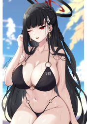 Rule 34 | 1girl, absurdres, amai-pai, bare arms, bare legs, bare shoulders, bikini, black bikini, black hair, blue archive, breasts, cleavage, collarbone, earrings, groin, hair ornament, hairpin, halo, highres, jewelry, large breasts, long hair, navel, o-ring, o-ring bikini, one eye closed, open mouth, red eyes, rio (blue archive), solo, swimsuit, wet
