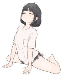 Rule 34 | 1girl, 1ssakawaguchi, ahoge, arm support, bare legs, barefoot, black hair, black shorts, blunt bangs, breast pocket, breasts, closed eyes, closed mouth, dolphin shorts, full body, highres, light blush, original, pocket, shirt, short hair, short sleeves, shorts, simple background, sitting, small breasts, solo, spread legs, t-shirt, white background, white shirt