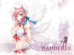 Rule 34 | 1girl, arm behind back, ass, bikini, blue eyes, blue hairband, bow, breasts, character name, cleavage, cowboy shot, earrings, feathered wings, hairband, jewelry, large breasts, looking at viewer, mismatched bikini, mizonaki, multiple wings, pink hair, pointy ears, ragnarok online, red bikini, red bow, seraph, short hair, smile, solo, swimsuit, wanderer (ragnarok online), white bikini, white wings, wings