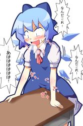 Rule 34 | 1girl, blue hair, blush, bow, cirno, clothed masturbation, commentary, crotch rub, desk, dress, embodiment of scarlet devil, female masturbation, flat chest, hair bow, happy sex, heavy breathing, masturbation, masturbation through clothes, necktie, red necktie, short hair, smile, solo, table humping, touhou, toutouhai, translated, wings