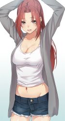 Rule 34 | 1girl, arms up, breasts, brown eyes, cleavage, cowboy shot, crop top, denim, denim shorts, gradient background, grey jacket, highres, jacket, large breasts, lips, long hair, midriff, mole, mole under mouth, navel, original, parted bangs, ponytail, red hair, shiny skin, shirt, shorts, solo, thighs, tight (ohmygod), white shirt