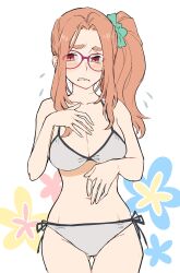 Rule 34 | 1girl, alternate costume, bikini, blush, breasts, cleavage, collarbone, embarrassed, etrian odyssey, flower (symbol), flying sweatdrops, frown, glasses, goeppe, grimace, hand on own chest, hand on own stomach, highres, large breasts, long hair, looking at viewer, navel, orange hair, red-framed eyewear, red eyes, sekaiju no meikyuu, sekaiju no meikyuu 3, sekaiju no meikyuu hd, side-tie bikini bottom, side ponytail, solo, swimsuit, white background, white bikini, zodiac (sekaiju), zodiac 5 (sekaiju)