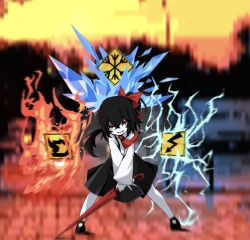 Rule 34 | 1girl, ascot, black hair, black skirt, blurry, blurry background, bow, colored skin, commentary request, cookie (touhou), electricity, fire, full body, hair bow, highres, holding, holding umbrella, ice, looking at viewer, open mouth, red ascot, red bow, red eyes, red umbrella, road sign, shirt, side ponytail, sign, siyudi (cookie), skirt, smile, solo, sparseseethe, suspender skirt, suspenders, umbrella, warning sign, white shirt, white skin