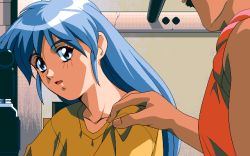 Rule 34 | 1990s (style), 1boy, 1girl, 2 shot diary 2, blue hair, game cg, hand on another&#039;s shoulder, head out of frame, long hair, may-be soft, pc98, retro artstyle, shirt, tagme, upper body, yellow shirt, youko (2 shot diary 2)