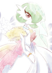Rule 34 | 1girl, artist name, bare shoulders, bob cut, bracelet, closed mouth, clothed pokemon, colored skin, cowboy shot, creatures (company), dated, dress, elbow gloves, female focus, flat chest, flower, fur (clothing), fur collar, game freak, gardevoir, gen 3 pokemon, gloves, green hair, hair over one eye, highres, jewelry, jinyui numa, looking at viewer, mega gardevoir, mega pokemon, nintendo, one eye closed, own hands together, pokemon, pokemon (creature), red eyes, see-through, short hair, signature, solo, standing, strapless, strapless dress, veil, wedding dress, white background, white flower, white gloves, white skin